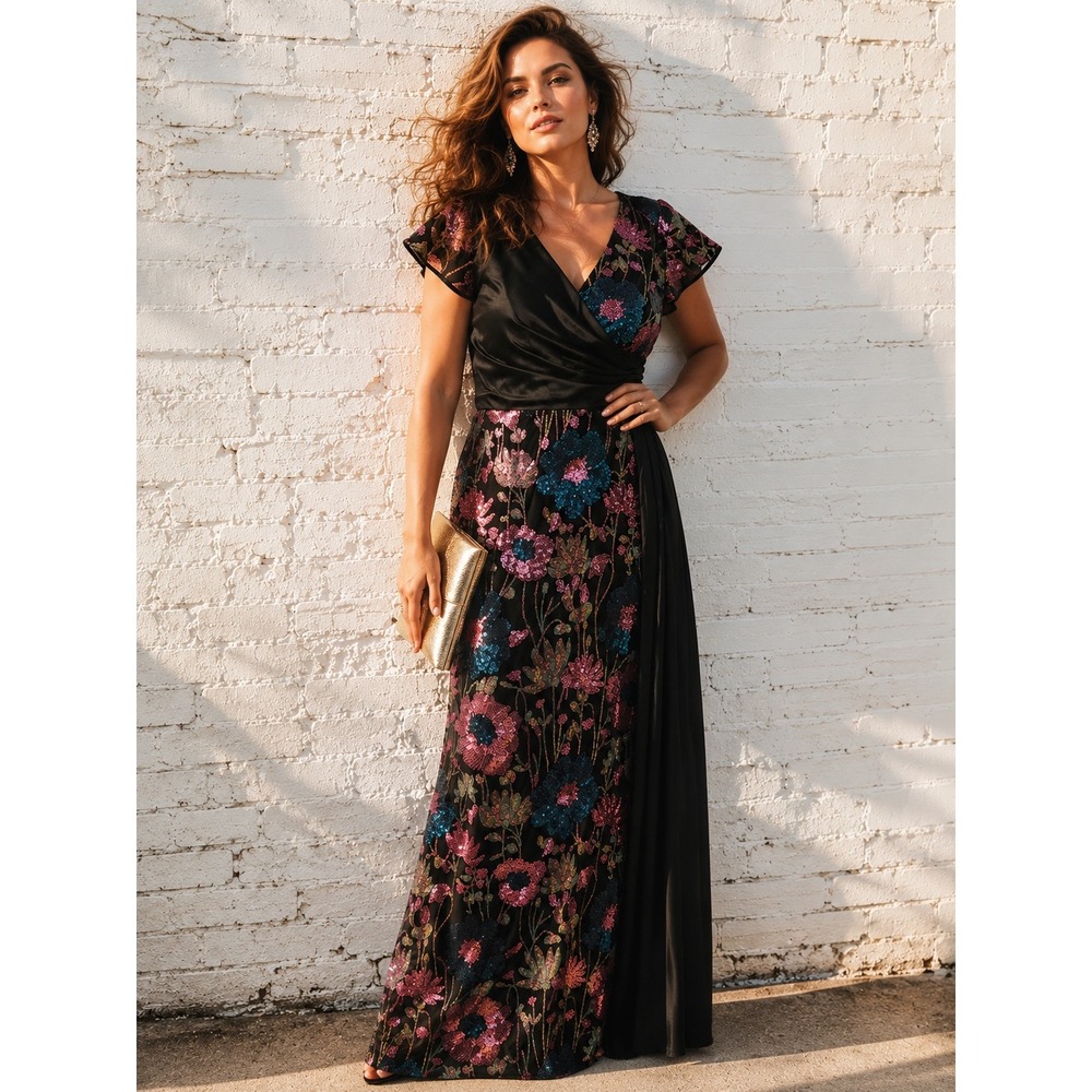 Curveins‎ Black Sequin Floral Maxi Dress Faux Wrap Evening Gown XL NWT